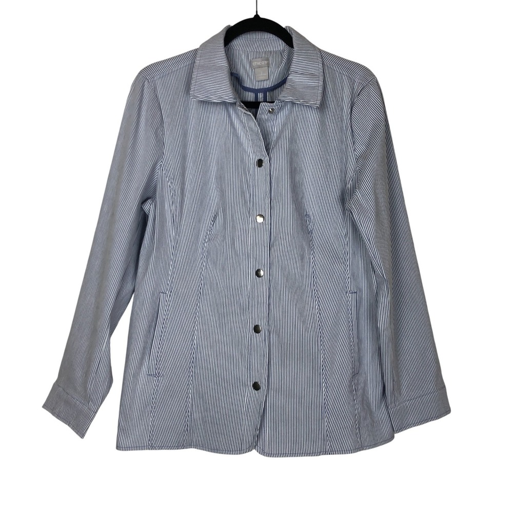 Chico's‎ Womens Nautical Seersucker Striped Jacket Snap Button Front L Coastal